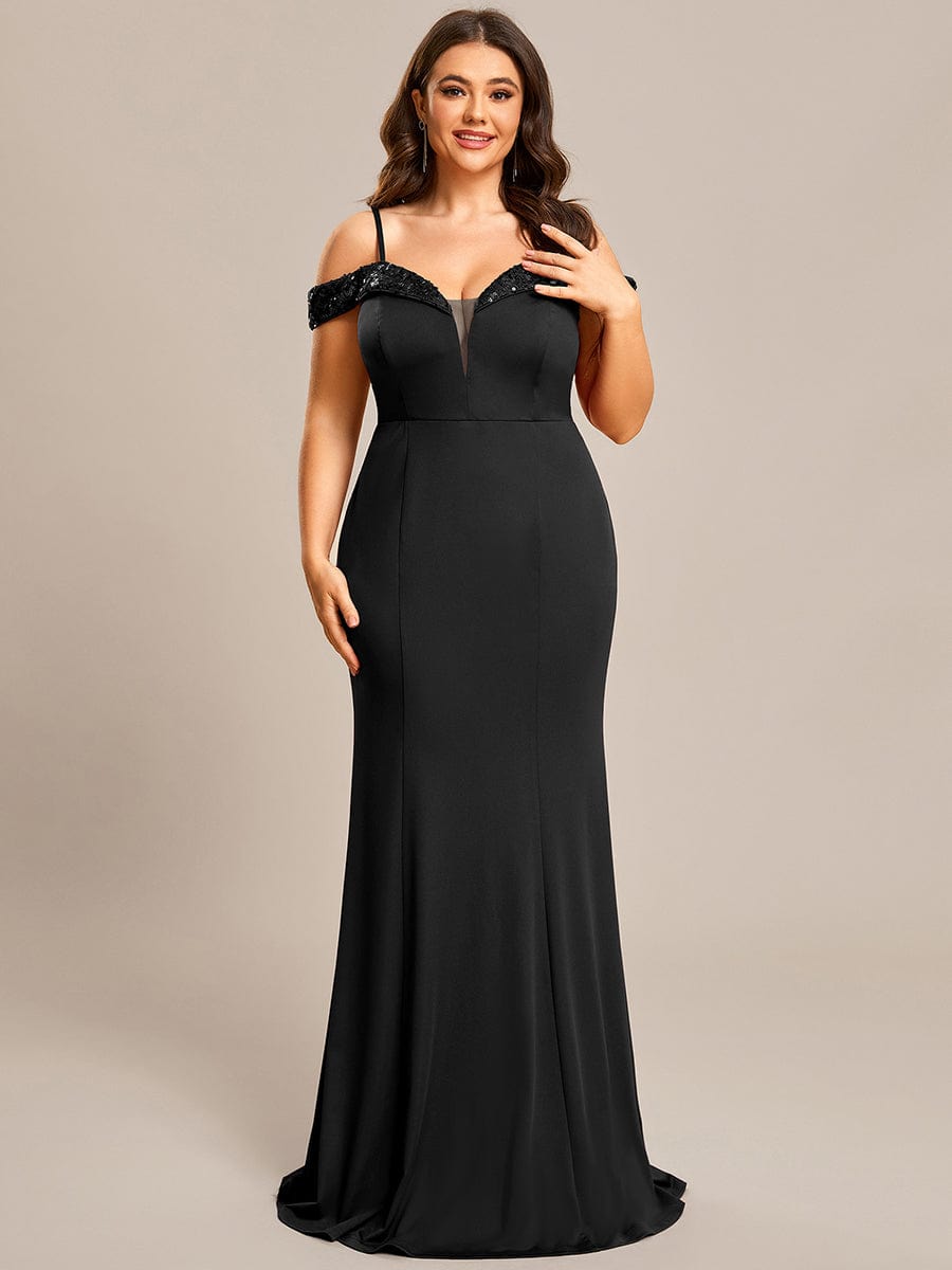 Stylish Plus Size Bodycon Deep V-Neck Sequin Evening Dress #color_Black