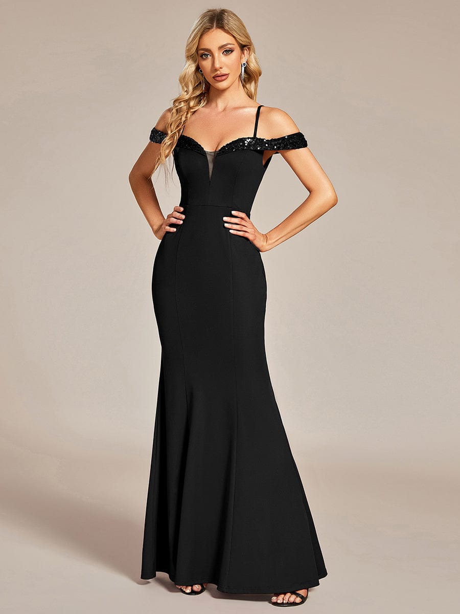 Elegant Sequin Bodycon Evening Dress with Spaghetti Straps #color_Black