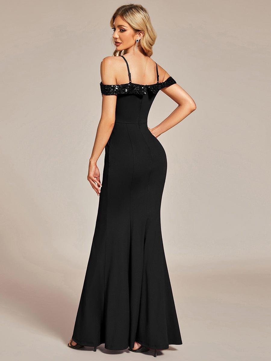 Elegant Sequin Bodycon Evening Dress with Spaghetti Straps #color_Black