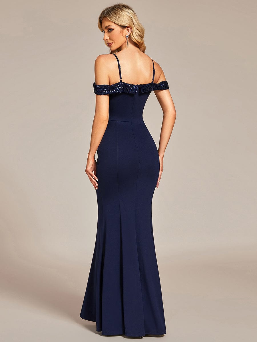 Elegant Sequin Bodycon Evening Dress with Spaghetti Straps #color_Navy Blue