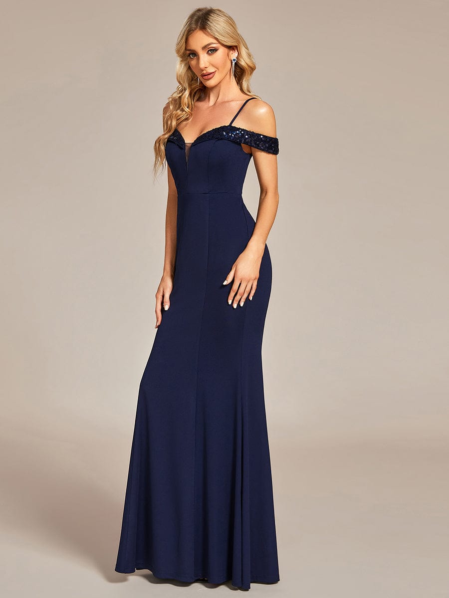 Elegant Sequin Bodycon Evening Dress with Spaghetti Straps #color_Navy Blue