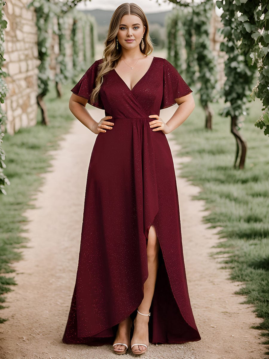 Glitter High-Low Front Side Slit Ruffled V-Neck Evening Dress #color_Burgundy