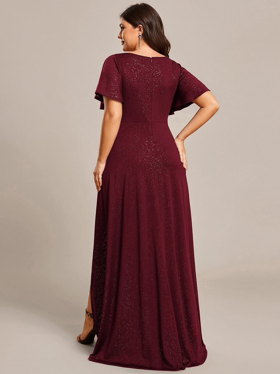 Glitter High-Low Front Side Slit Ruffled V-Neck Evening Dress #color_Burgundy