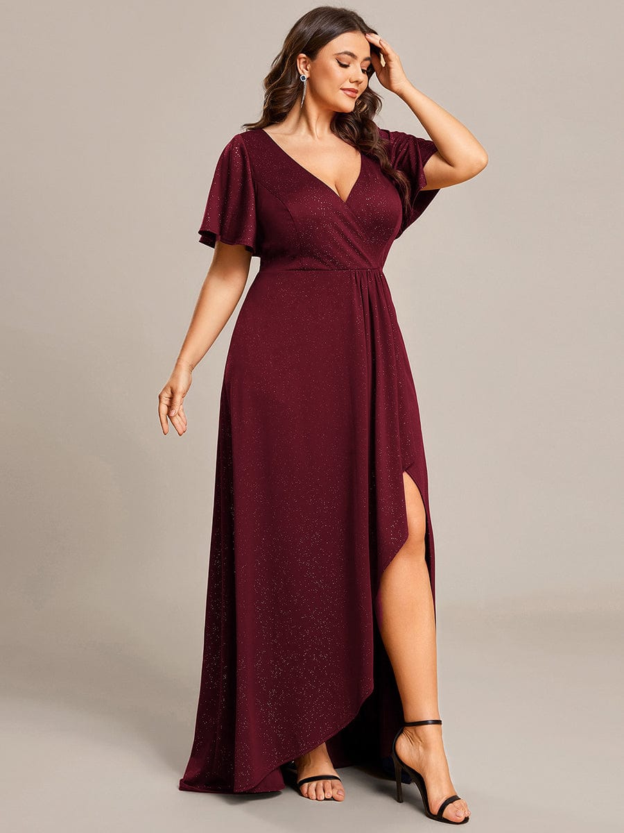 Custom Size High-Low Ruffled V-Neck Front Slit Glitter Evening Dress #color_Burgundy