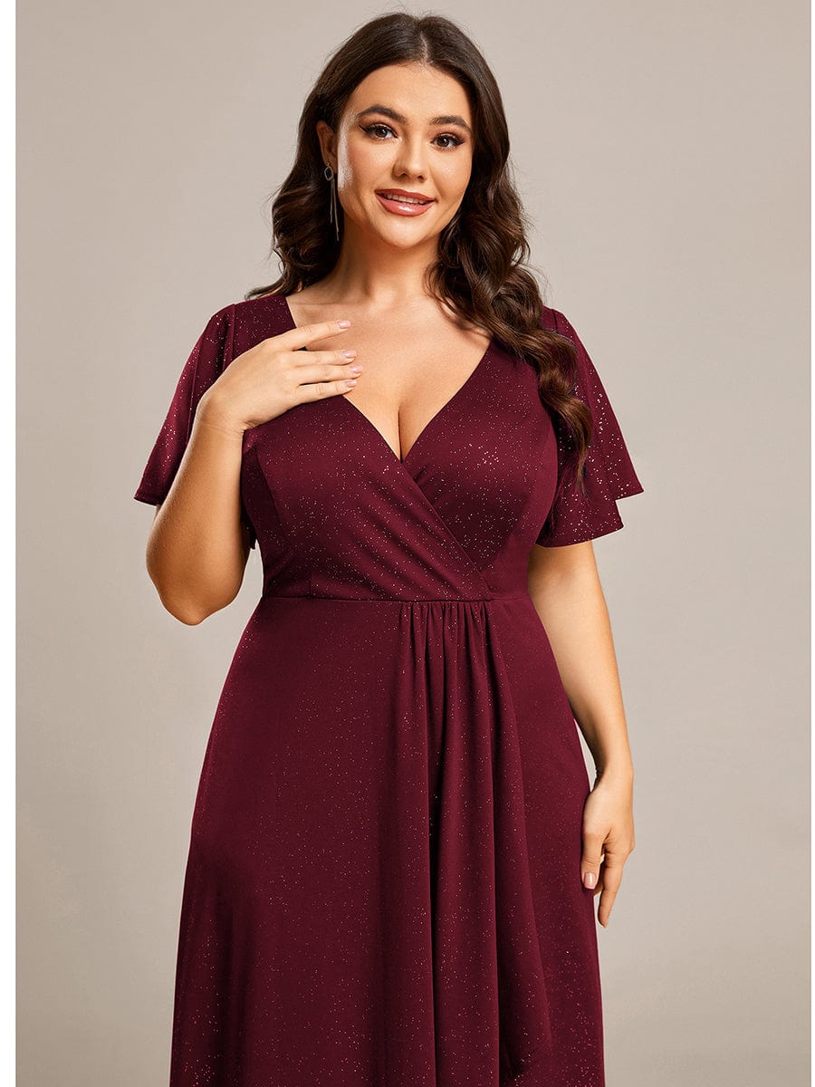 Custom Size High-Low Ruffled V-Neck Front Slit Glitter Evening Dress #color_Burgundy