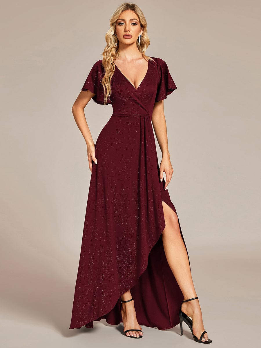 Glitter High-Low Front Side Slit Ruffled V-Neck Evening Dress #color_Burgundy