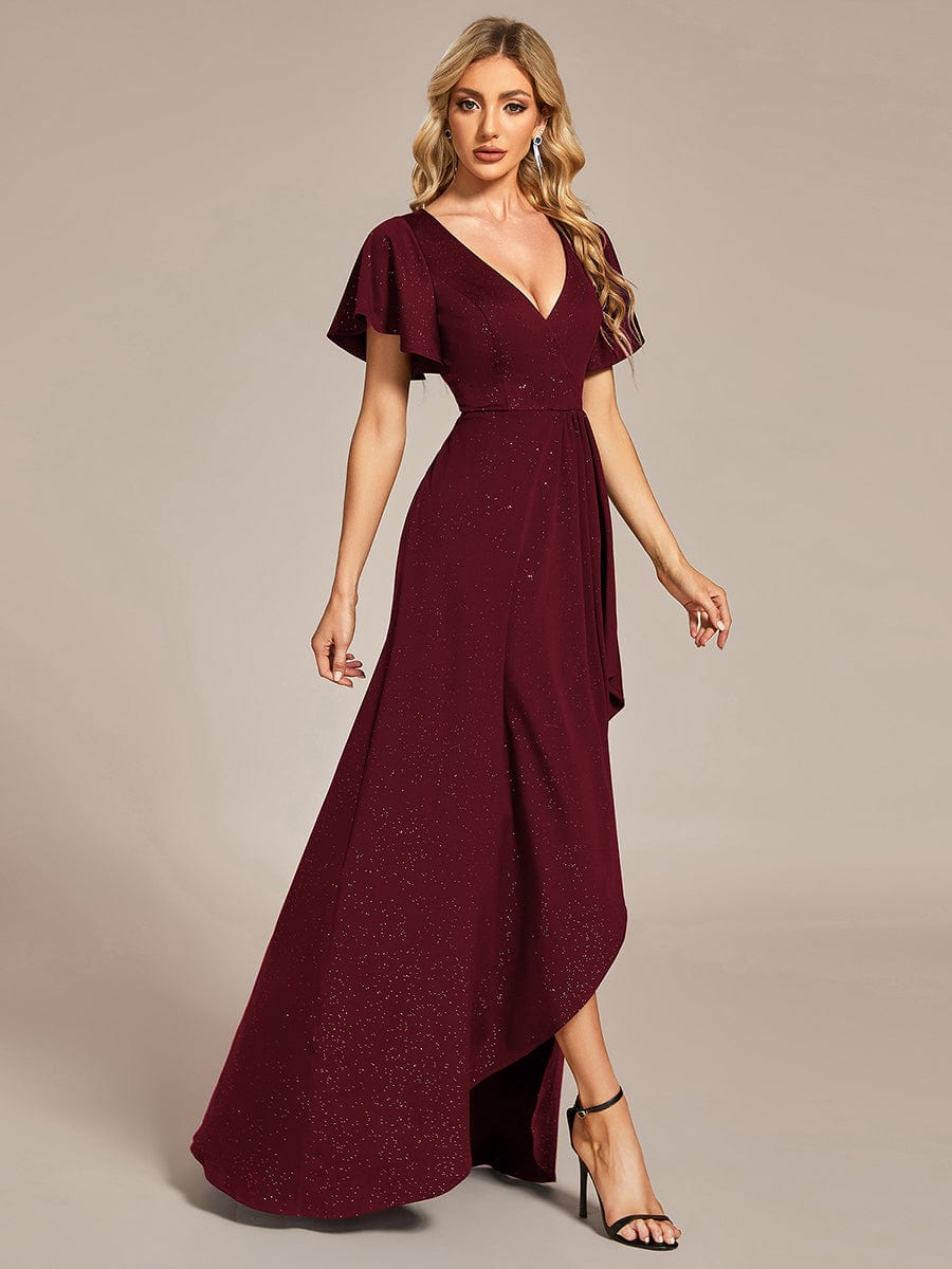 Glitter High-Low Front Side Slit Ruffled V-Neck Evening Dress #color_Burgundy