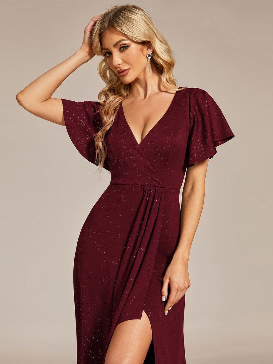 Glitter High-Low Front Side Slit Ruffled V-Neck Evening Dress #color_Burgundy