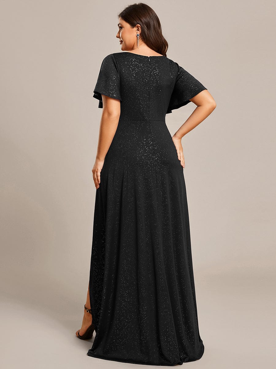 Plus Size Ruffled High-Low Front Slit Evening Dress with Glitter #color_Black