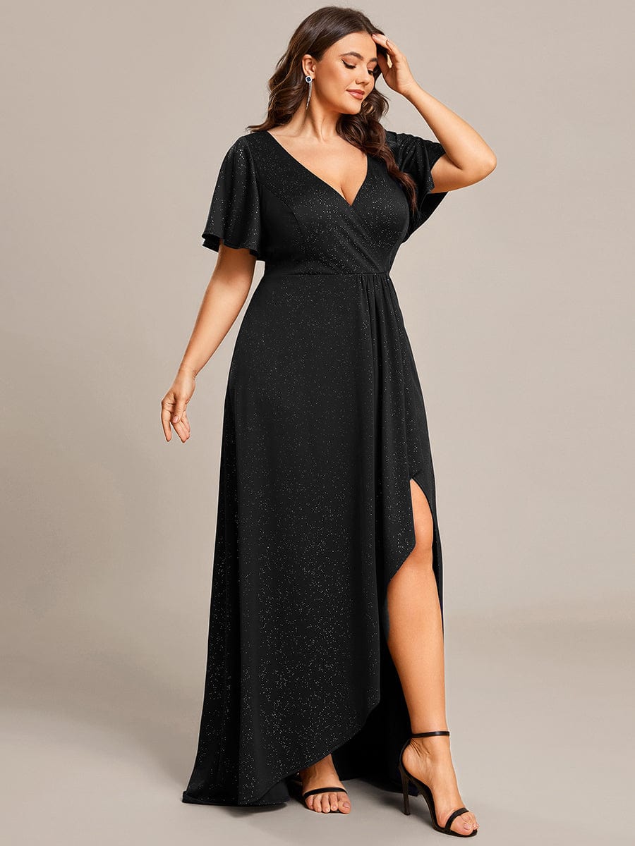 Custom Size High-Low Ruffled V-Neck Front Slit Glitter Evening Dress #color_Black