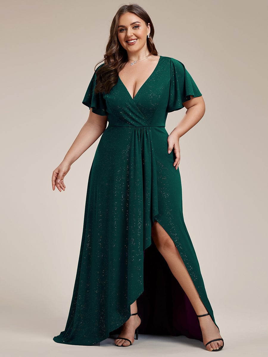 Custom Size High-Low Ruffled V-Neck Front Slit Glitter Evening Dress #color_Dark Green