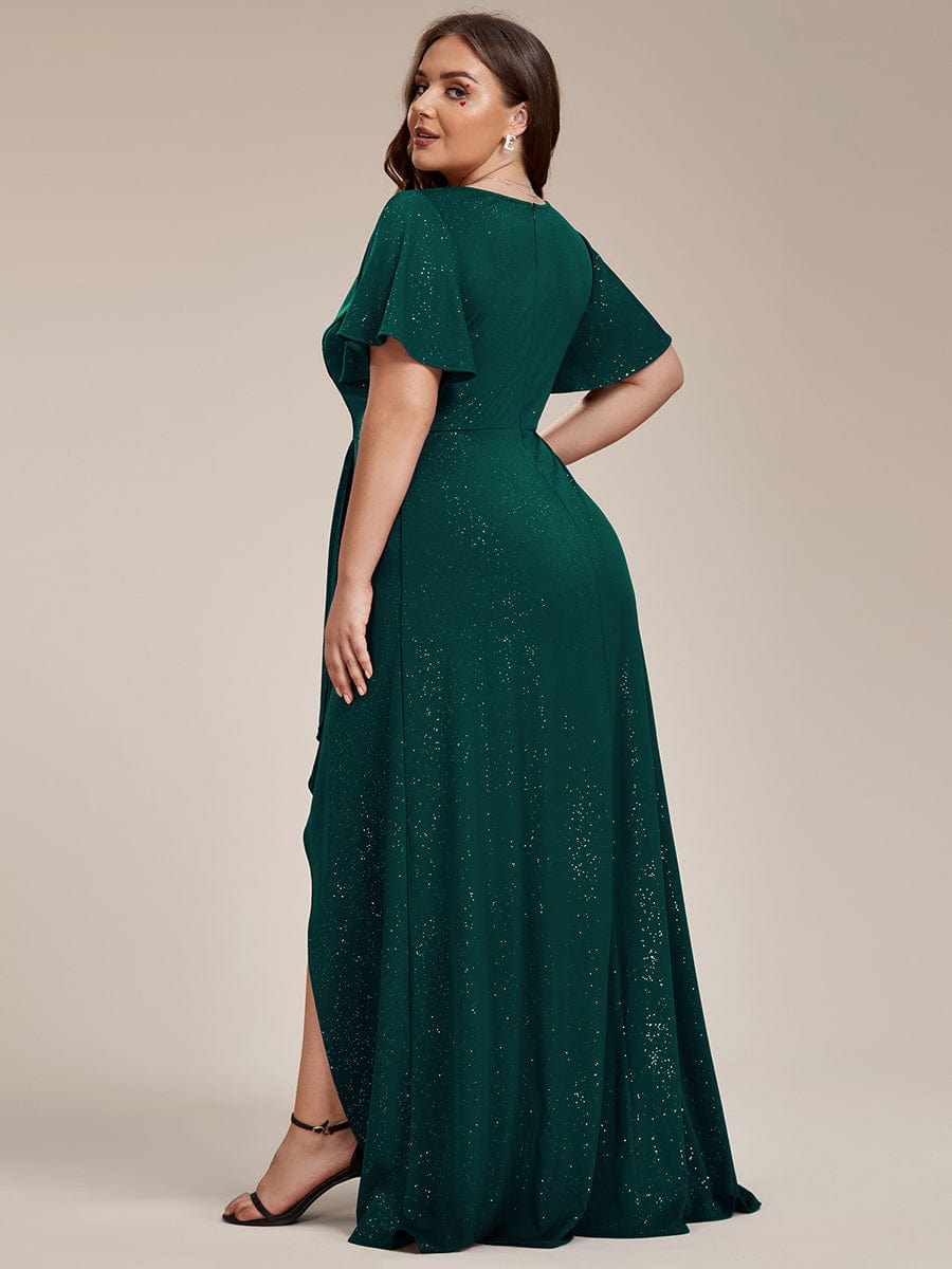 Custom Size High-Low Ruffled V-Neck Front Slit Glitter Evening Dress #color_Dark Green