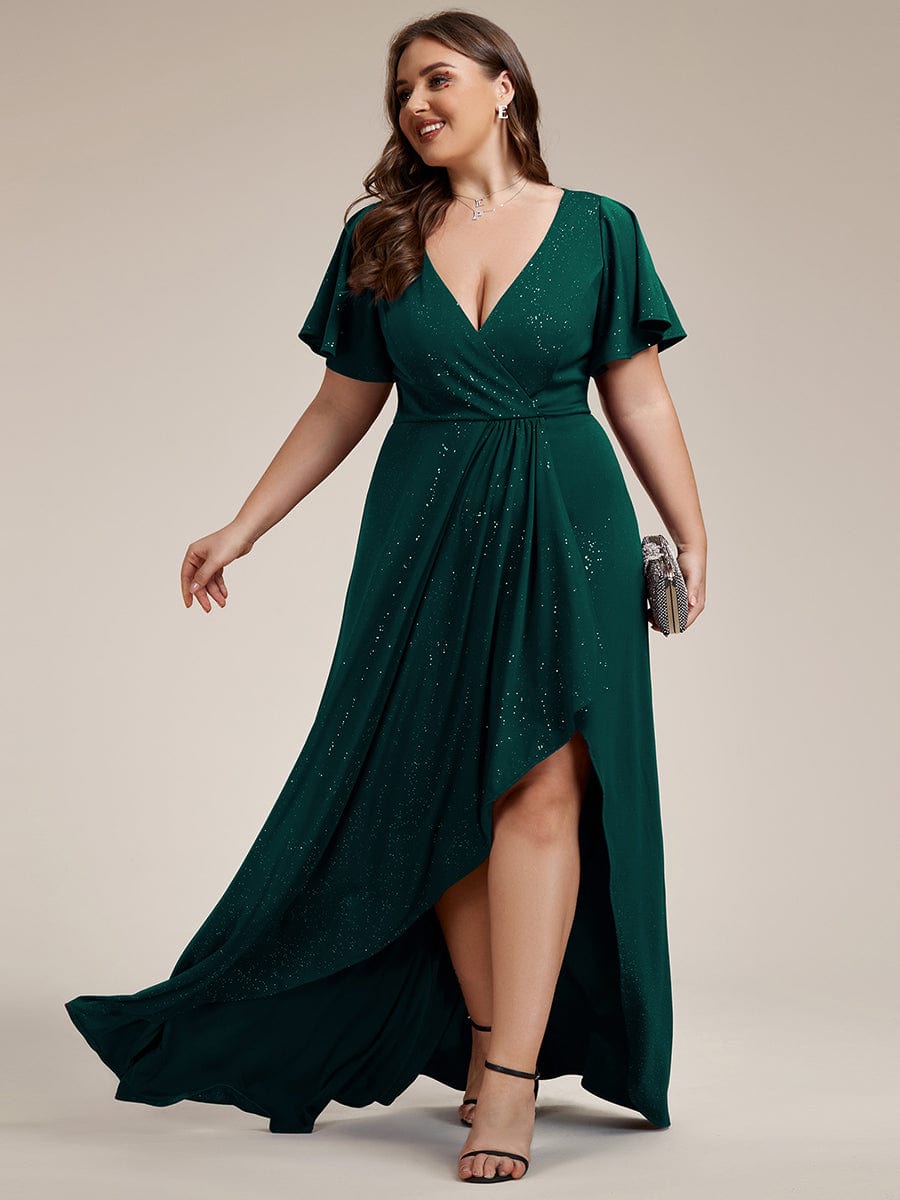 Custom Size High-Low Ruffled V-Neck Front Slit Glitter Evening Dress #color_Dark Green