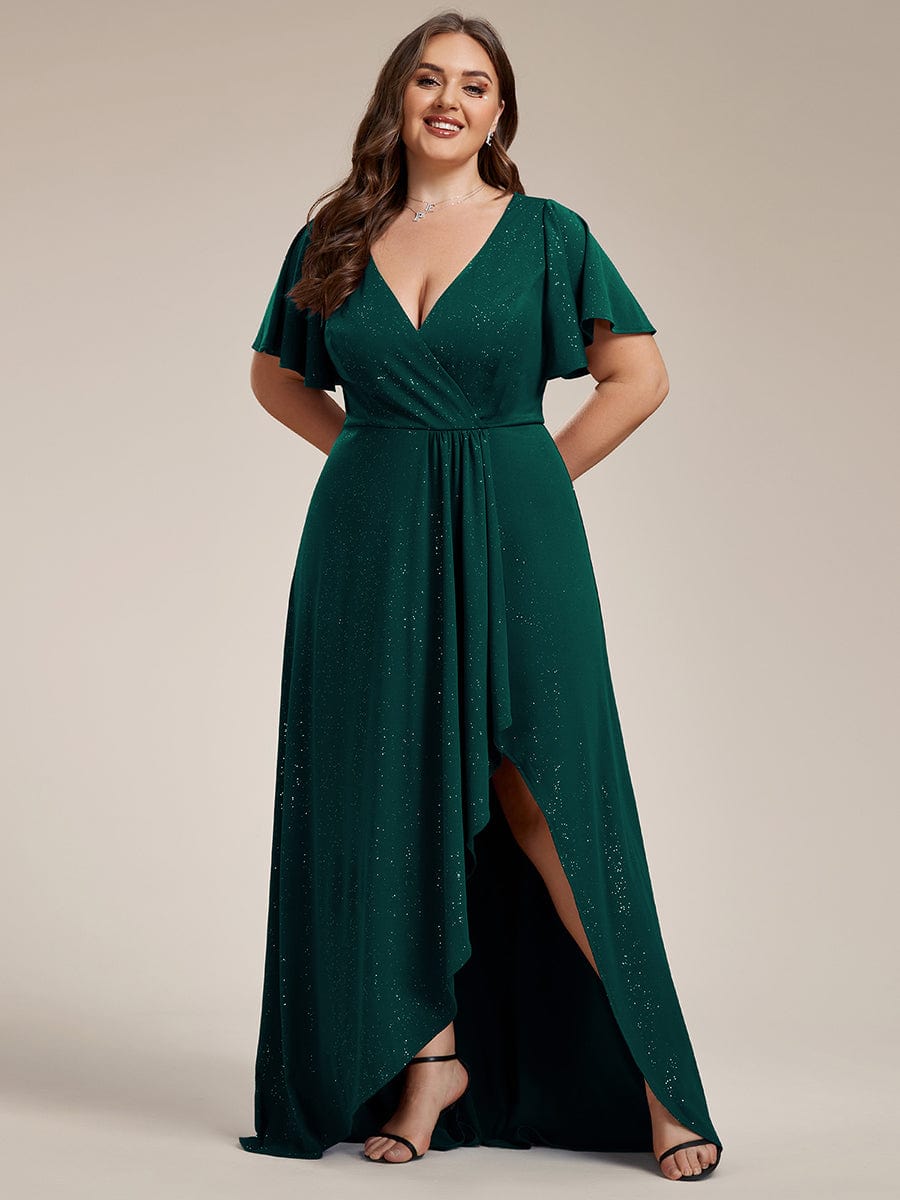 Custom Size High-Low Ruffled V-Neck Front Slit Glitter Evening Dress #color_Dark Green