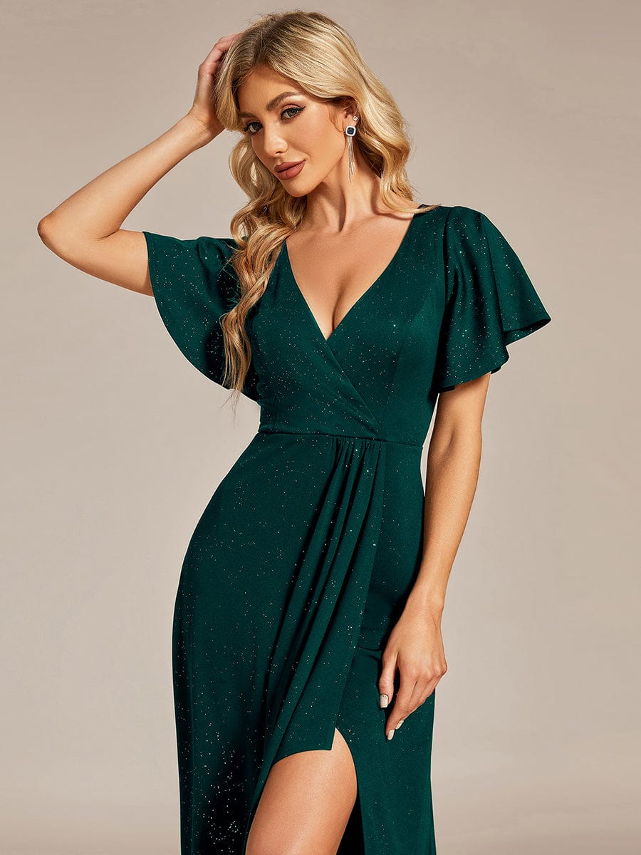 Glitter High-Low Front Side Slit Ruffled V-Neck Evening Dress #color_Dark Green