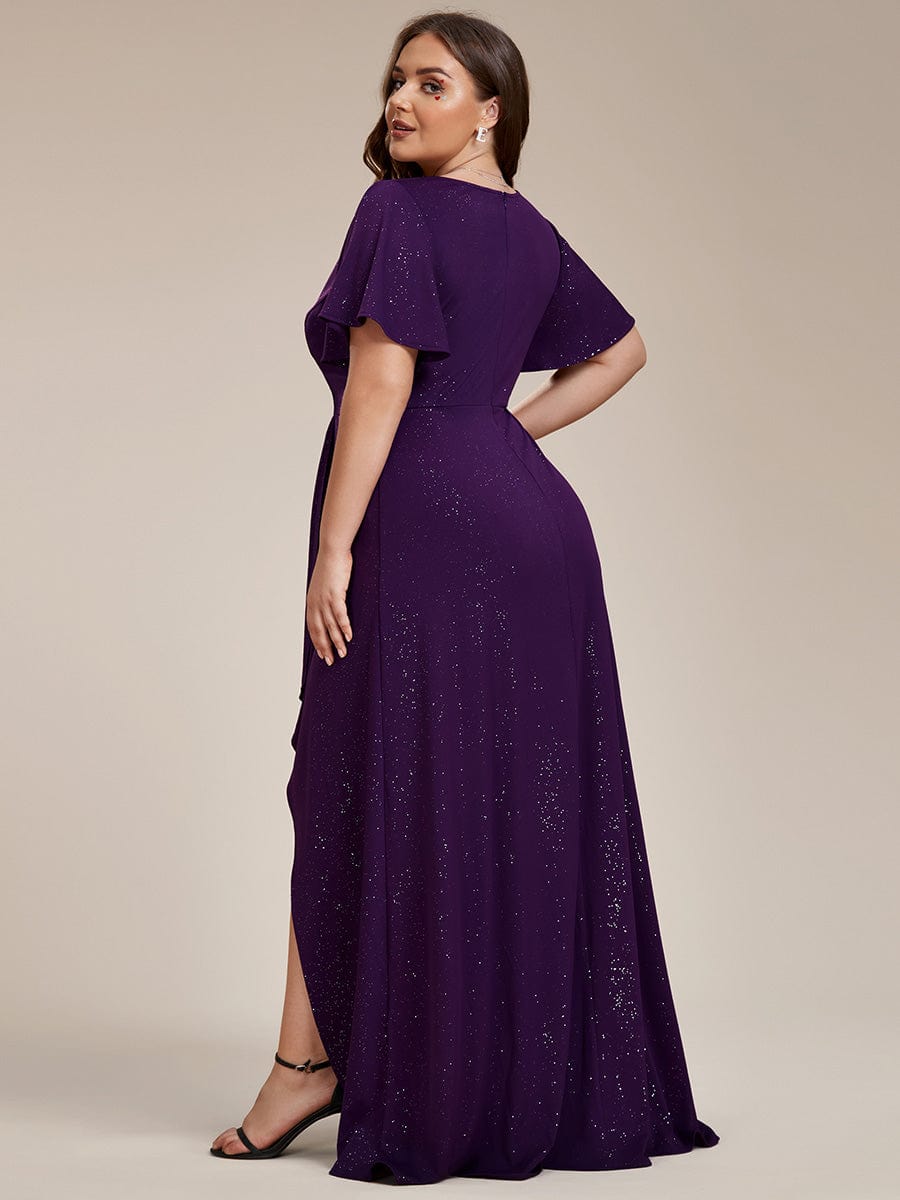 Plus Size Ruffled High-Low Front Slit Evening Dress with Glitter #color_Dark Purple