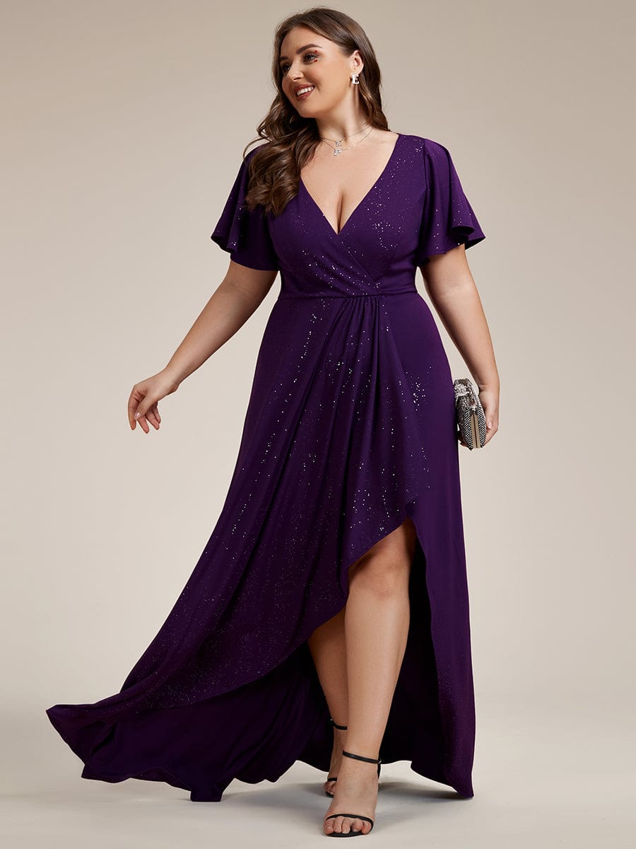 Custom Size High-Low Ruffled V-Neck Front Slit Glitter Evening Dress #color_Dark Purple