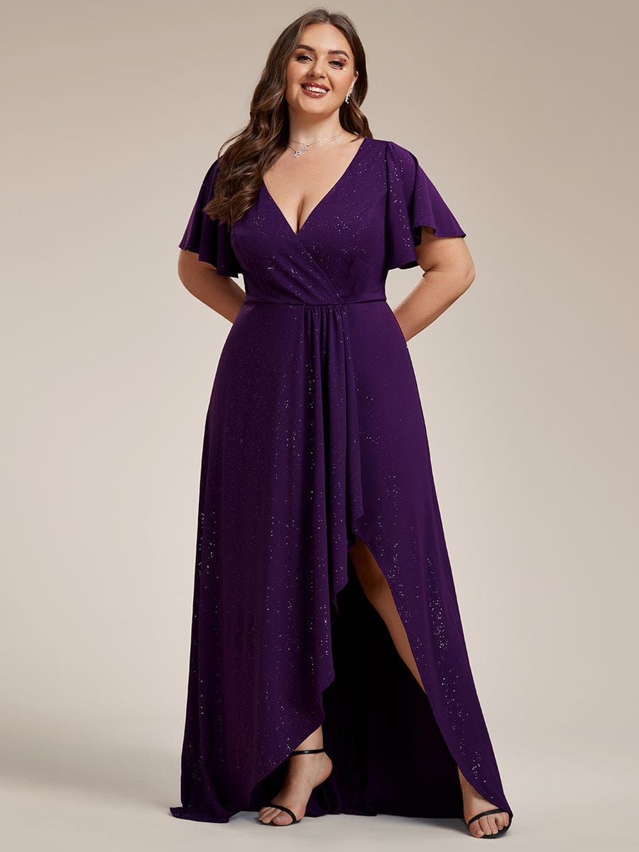 Plus Size Ruffled High-Low Front Slit Evening Dress with Glitter #color_Dark Purple