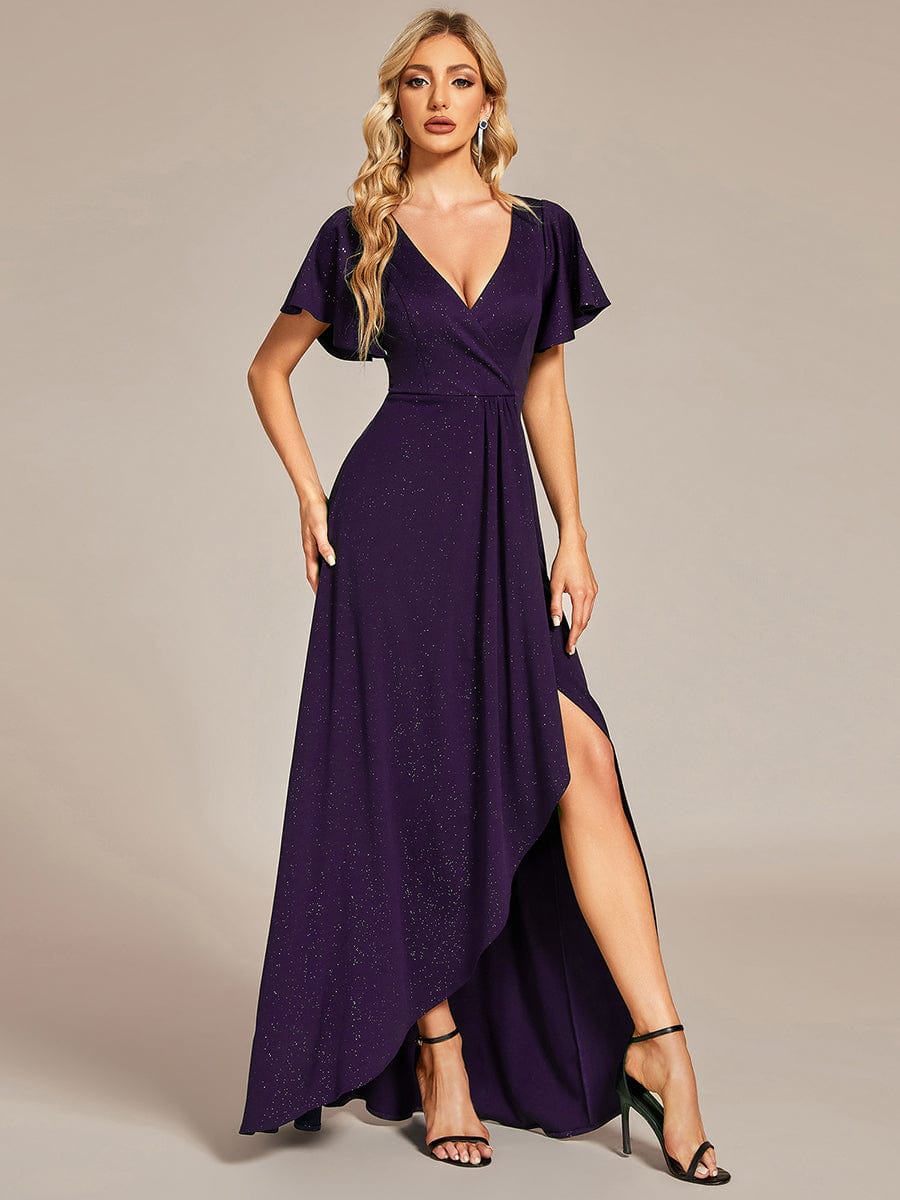 Glitter High-Low Front Side Slit Ruffled V-Neck Evening Dress #color_Dark Purple