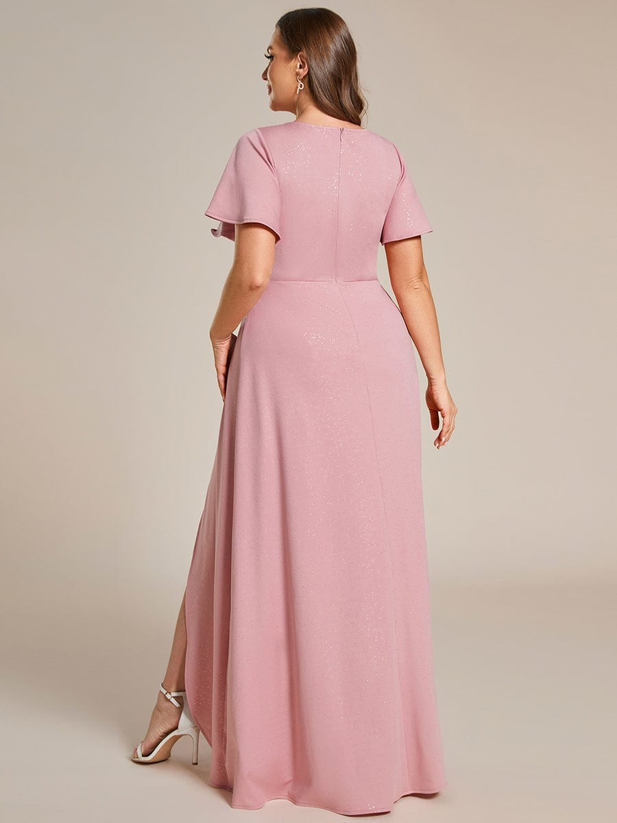 Plus Size Ruffled High-Low Front Slit Evening Dress with Glitter #color_Dusty Rose