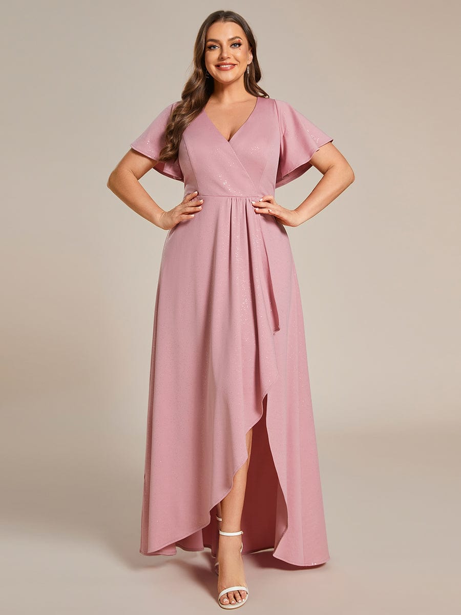 Glitter High-Low Front Side Slit Ruffled V-Neck Evening Dress #color_Dusty Rose