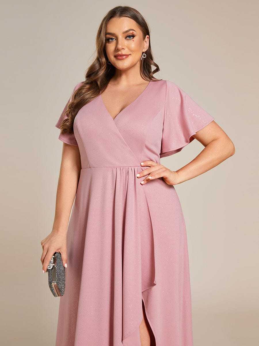Plus Size Ruffled High-Low Front Slit Evening Dress with Glitter #color_Dusty Rose