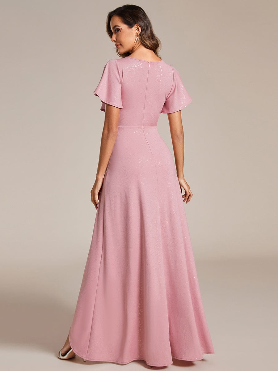 Glitter High-Low Front Side Slit Ruffled V-Neck Evening Dress #color_Dusty Rose