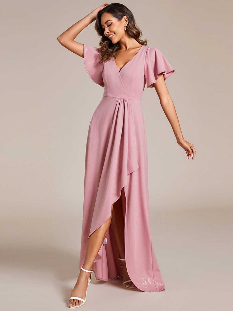 Glitter High-Low Front Side Slit Ruffled V-Neck Evening Dress #color_Dusty Rose