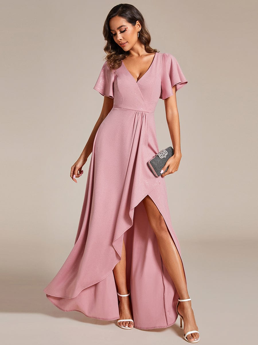 Glitter High-Low Front Side Slit Ruffled V-Neck Evening Dress #color_Dusty Rose