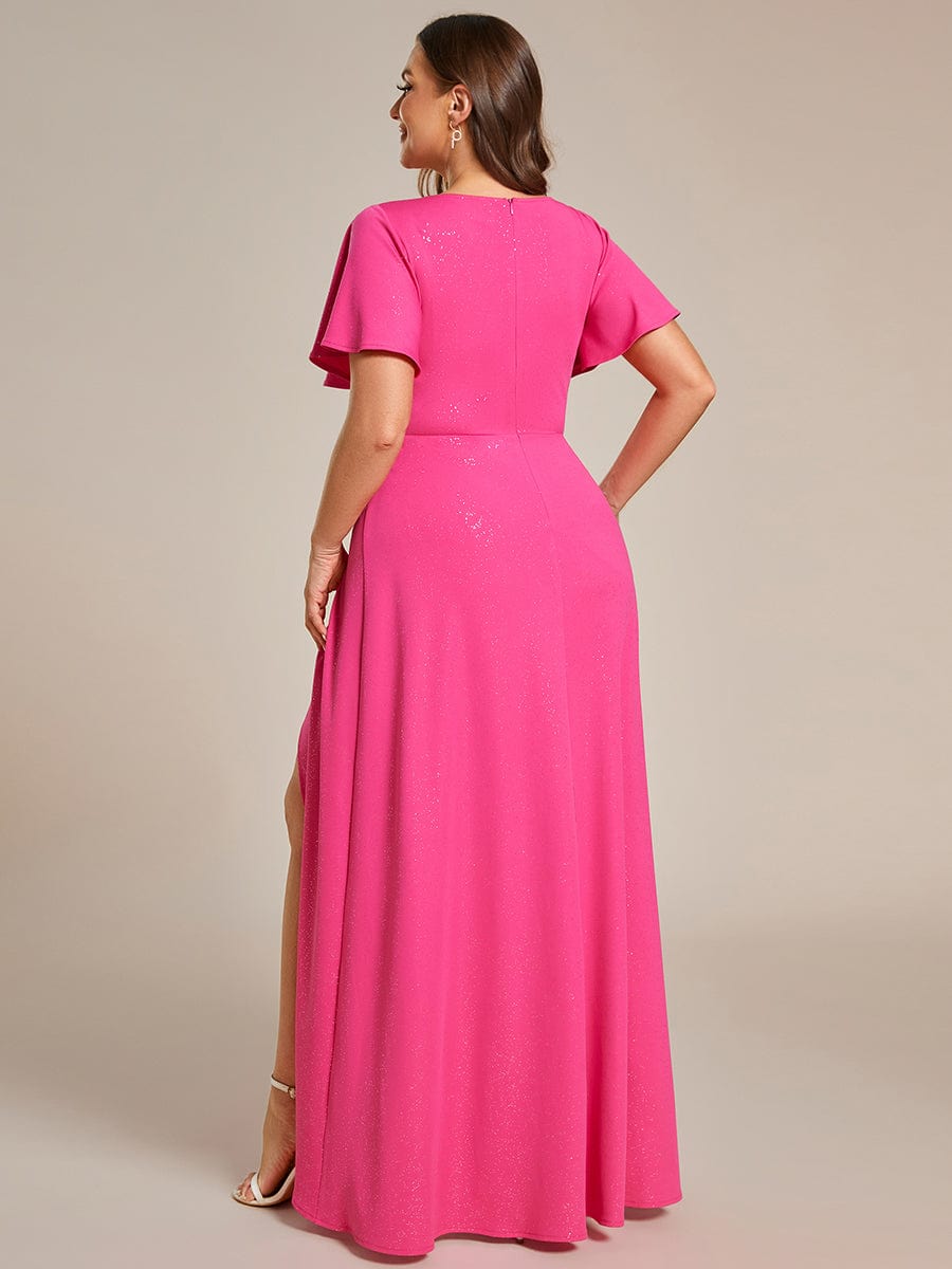 Glitter High-Low Front Side Slit Ruffled V-Neck Evening Dress #color_Hot Pink