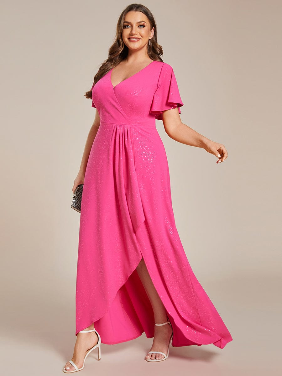 Plus Size Ruffled High-Low Front Slit Evening Dress with Glitter #color_Hot Pink