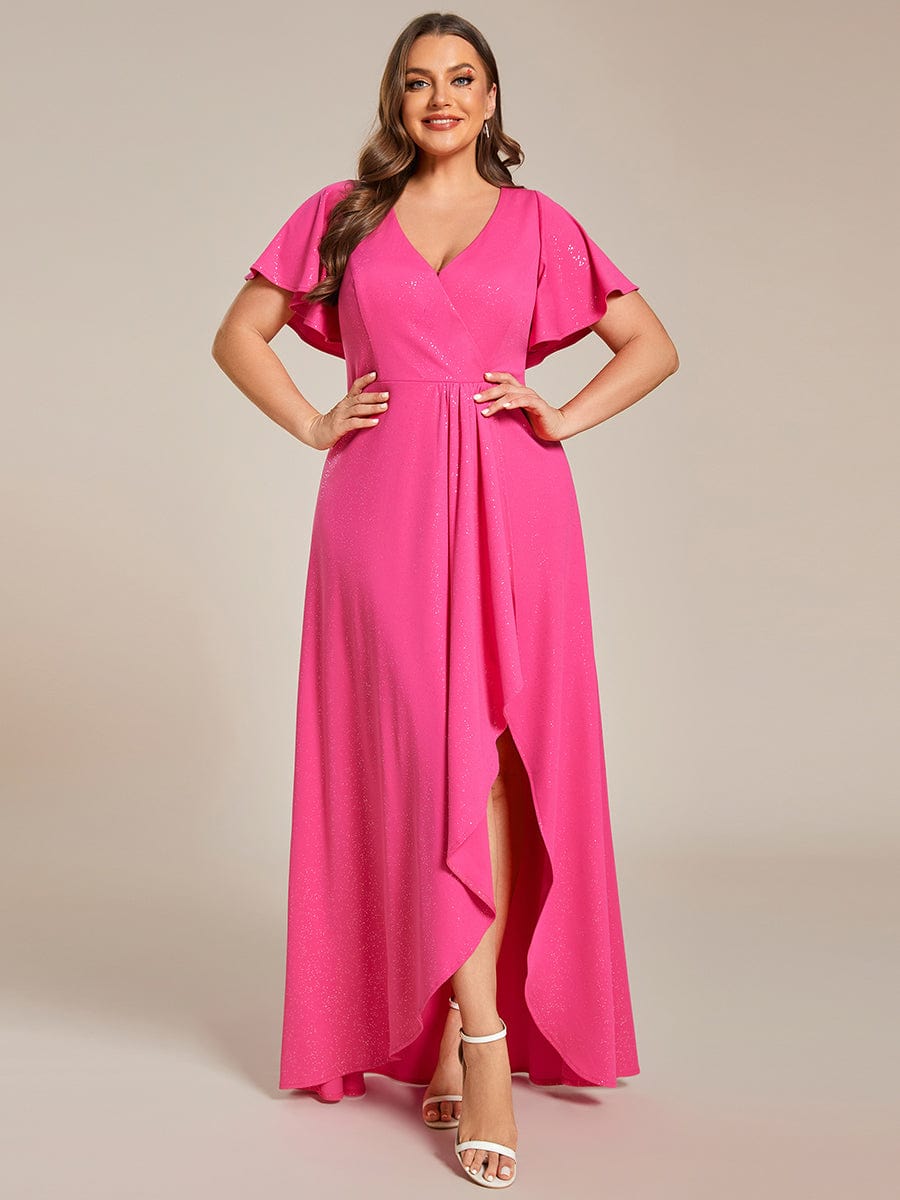 Glitter High-Low Front Side Slit Ruffled V-Neck Evening Dress #color_Hot Pink