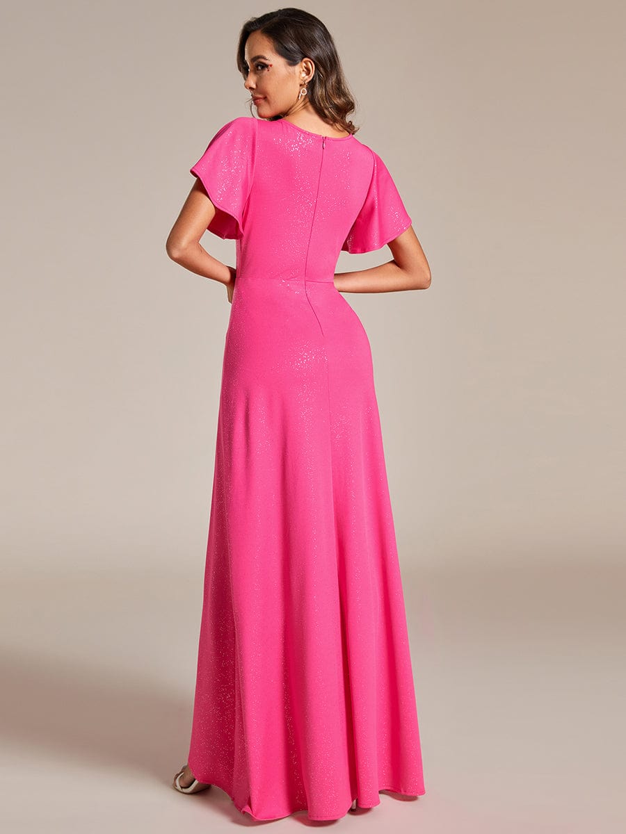 Glitter High-Low Front Side Slit Ruffled V-Neck Evening Dress #color_Hot Pink