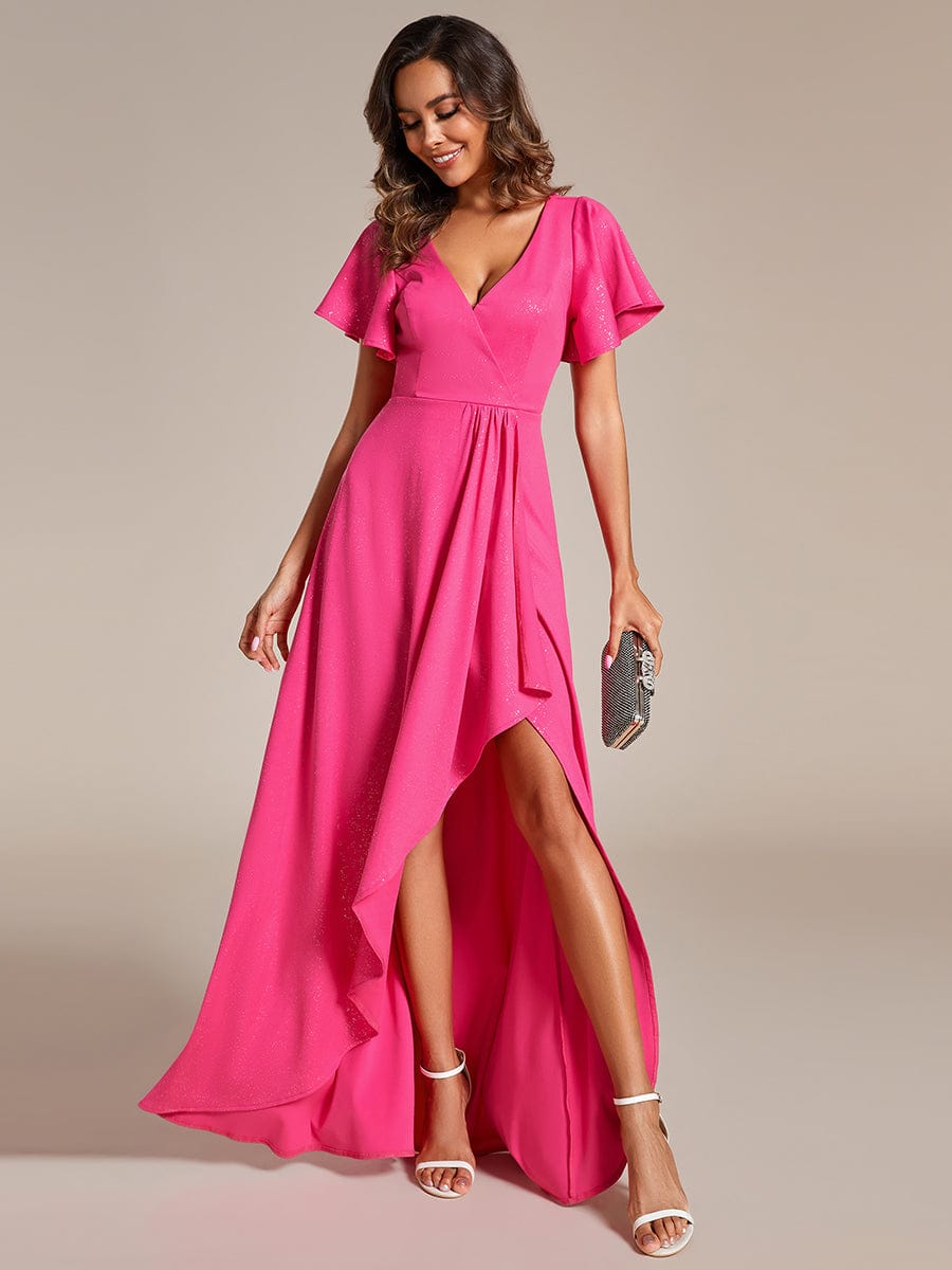 Glitter High-Low Front Side Slit Ruffled V-Neck Evening Dress #color_Hot Pink