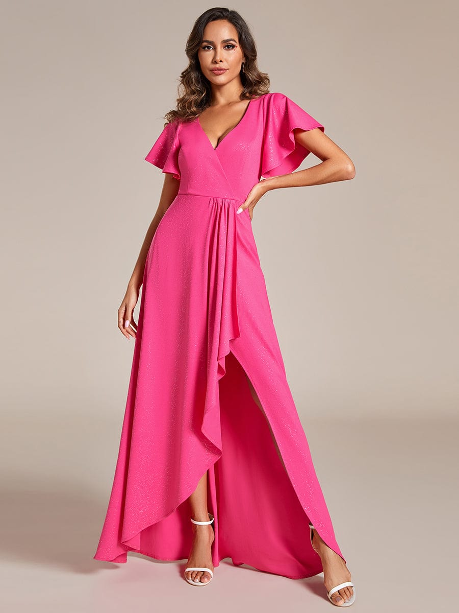 Glitter High-Low Front Side Slit Ruffled V-Neck Evening Dress #color_Hot Pink