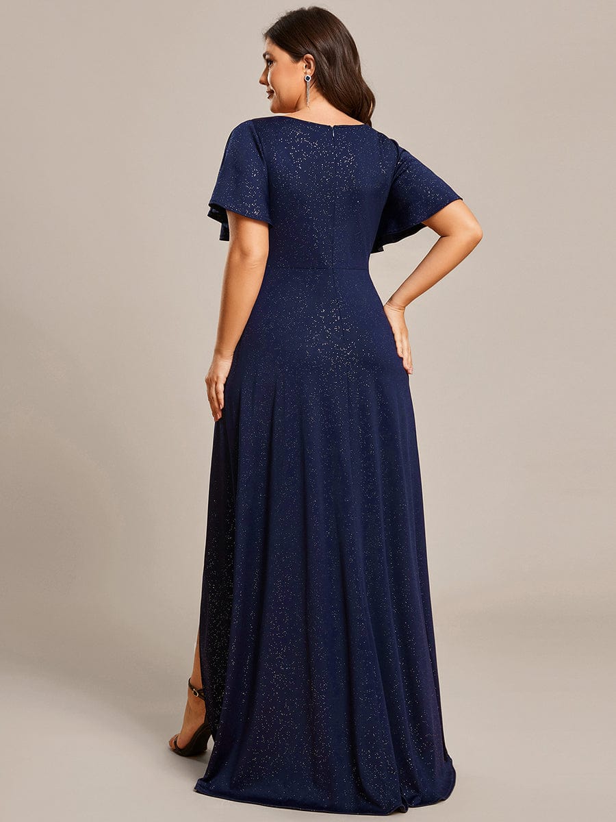 Custom Size High-Low Ruffled V-Neck Front Slit Glitter Evening Dress #color_Navy Blue