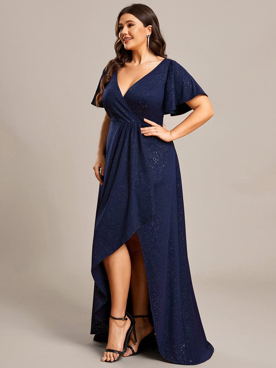 Glitter High-Low Front Side Slit Ruffled V-Neck Evening Dress #color_Navy Blue