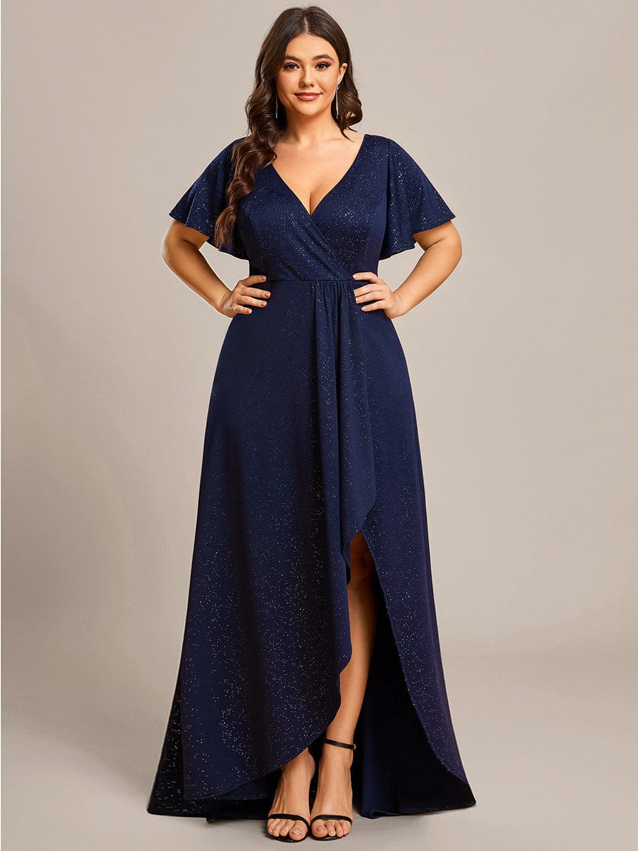 Custom Size High-Low Ruffled V-Neck Front Slit Glitter Evening Dress #color_Navy Blue