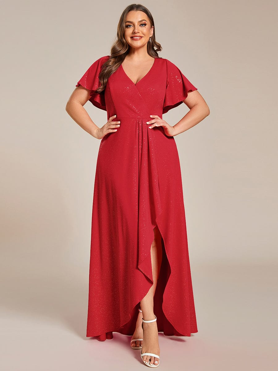 Plus Size Ruffled High-Low Front Slit Evening Dress with Glitter #color_Red