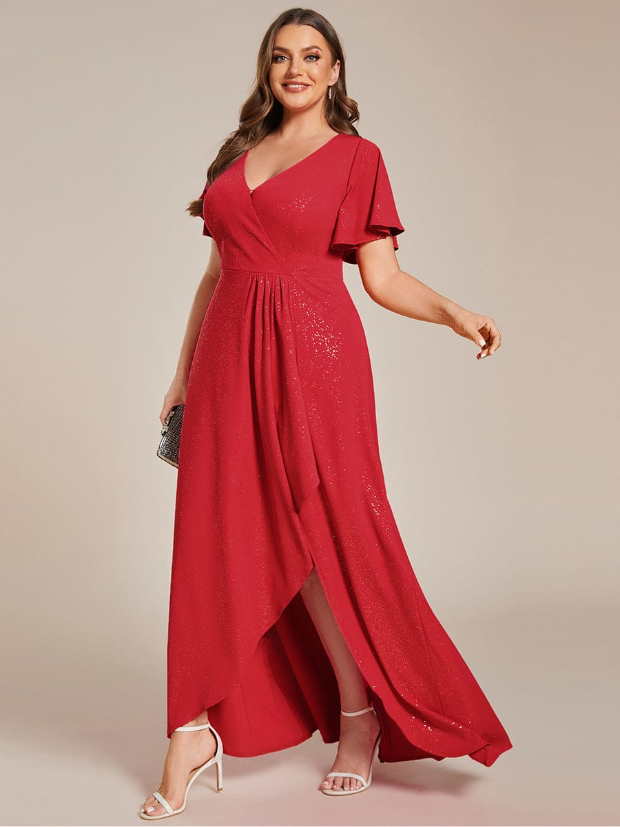 Plus Size Ruffled High-Low Front Slit Evening Dress with Glitter #color_Red