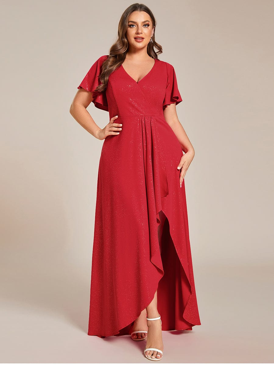 Glitter High-Low Front Side Slit Ruffled V-Neck Evening Dress #color_Red