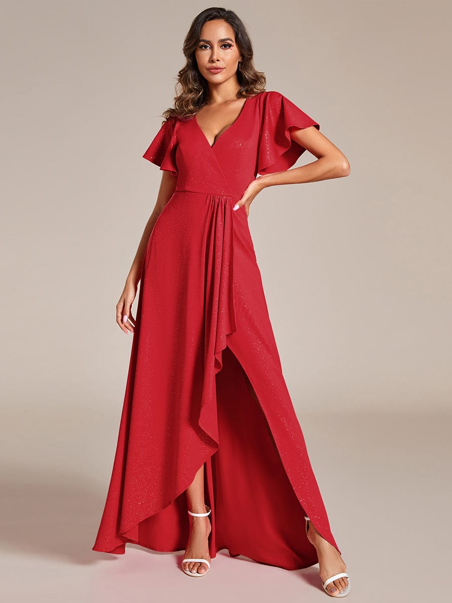 Glitter High-Low Front Side Slit Ruffled V-Neck Evening Dress #color_Red