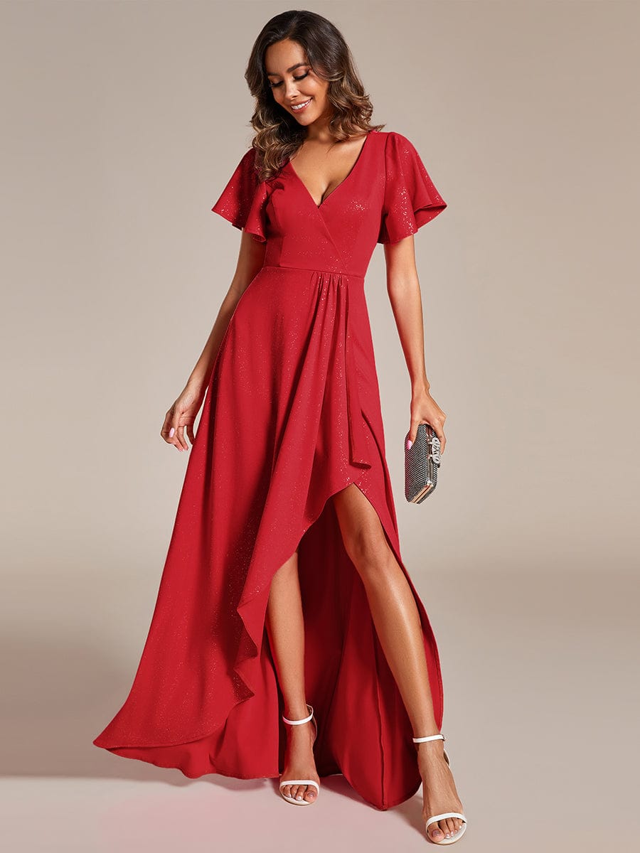 Glitter High-Low Front Side Slit Ruffled V-Neck Evening Dress #color_Red