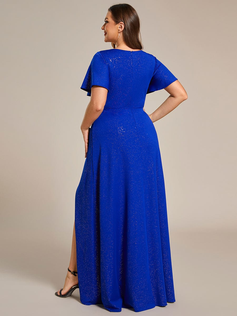 Glitter High-Low Front Side Slit Ruffled V-Neck Evening Dress #color_Sapphire Blue