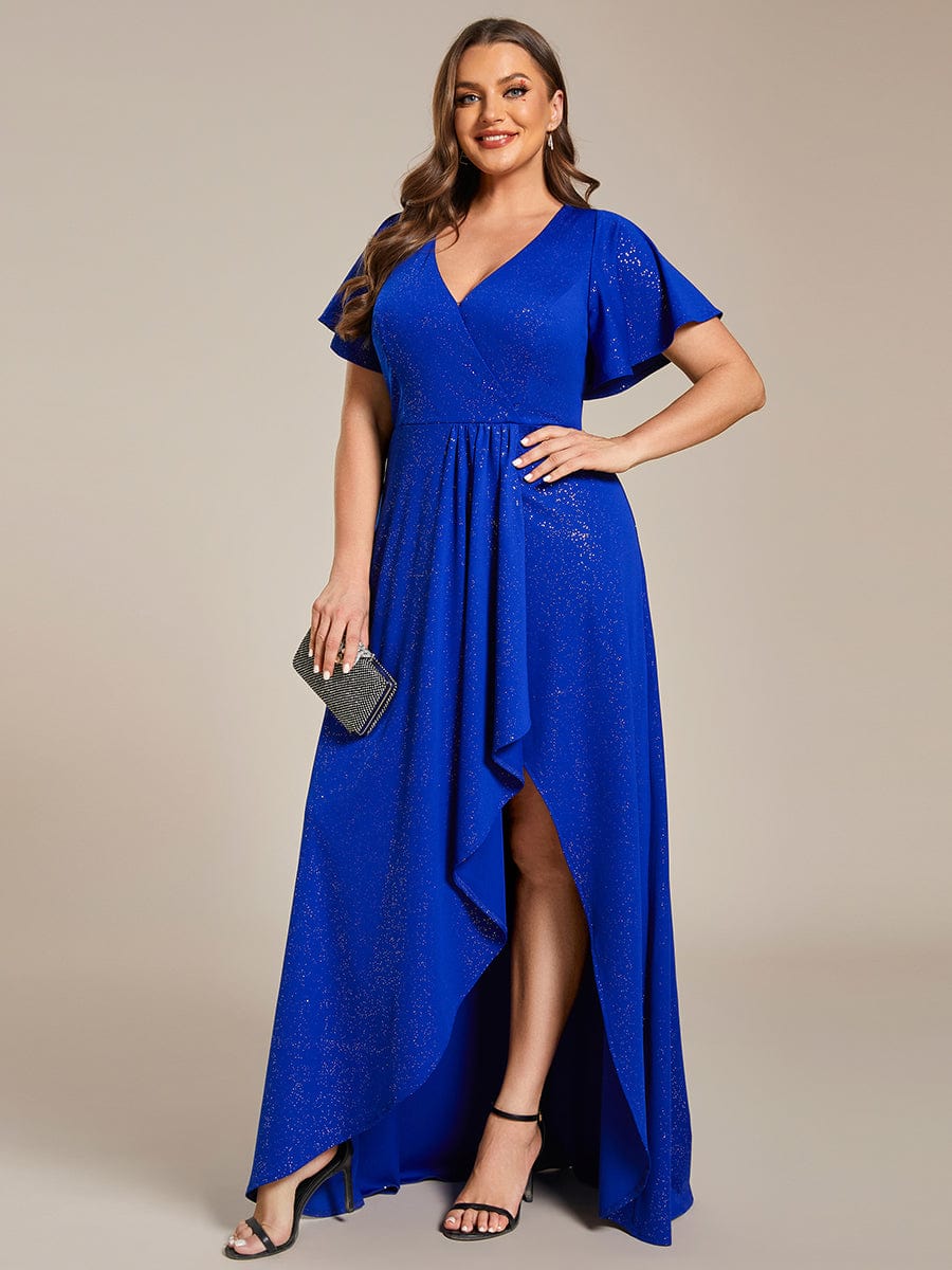 Plus Size Ruffled High-Low Front Slit Evening Dress with Glitter #color_Sapphire Blue