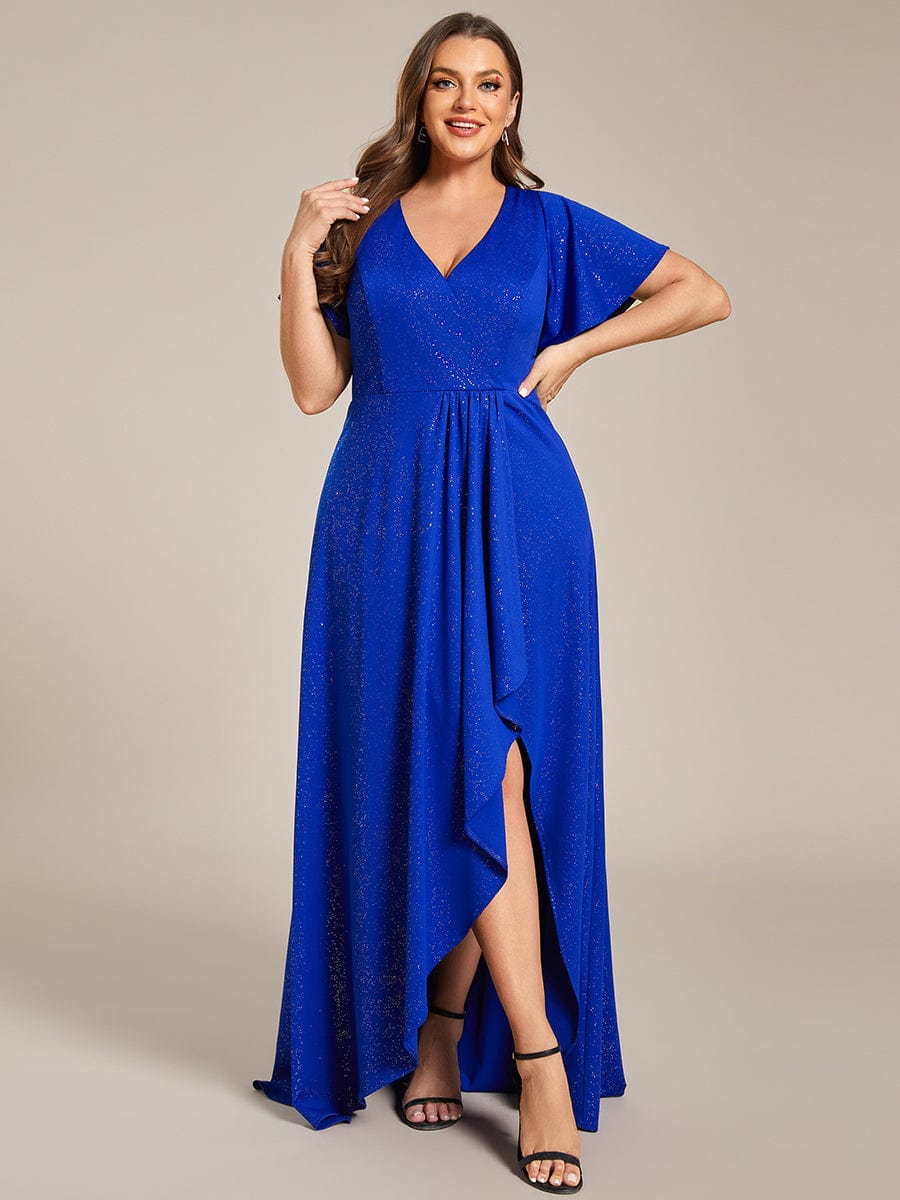 Glitter High-Low Front Side Slit Ruffled V-Neck Evening Dress #color_Sapphire Blue