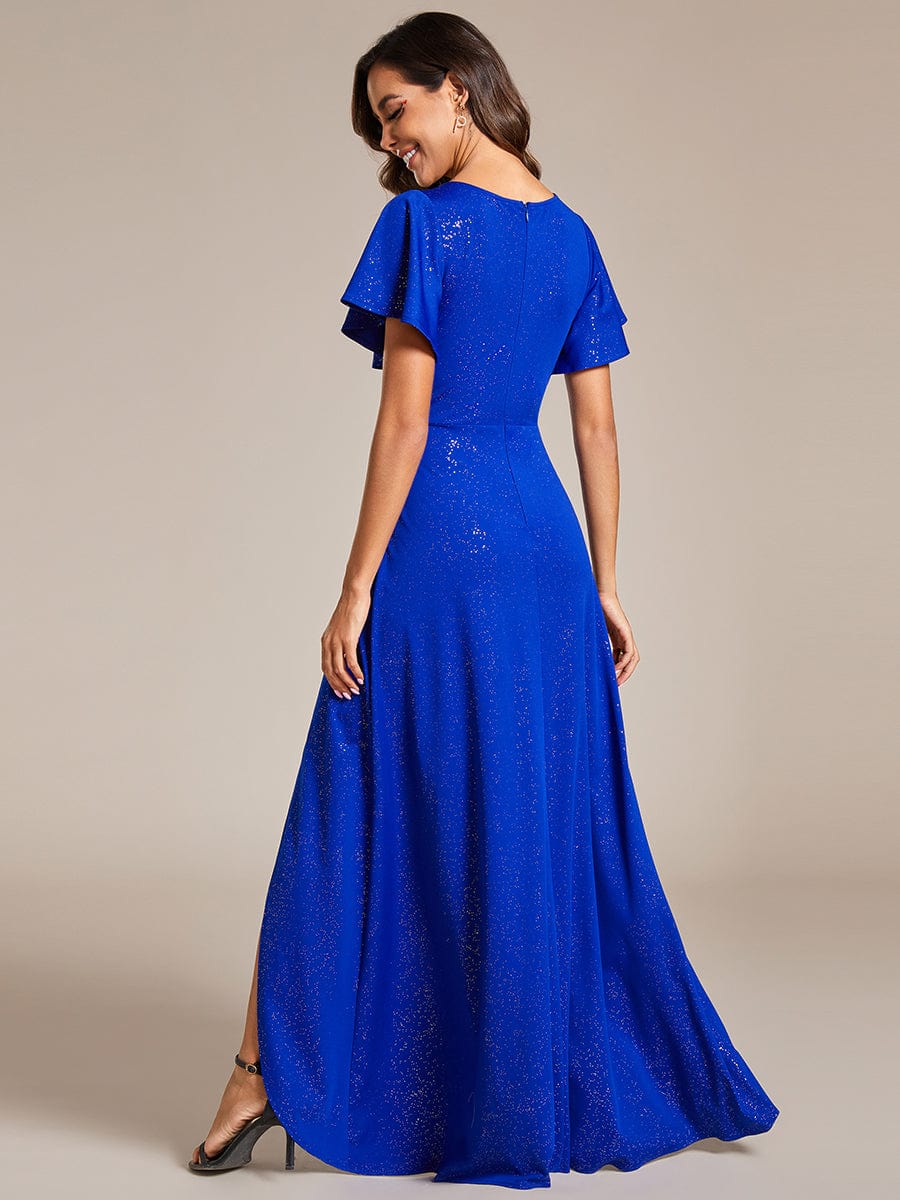 Glitter High-Low Front Side Slit Ruffled V-Neck Evening Dress #color_Sapphire Blue