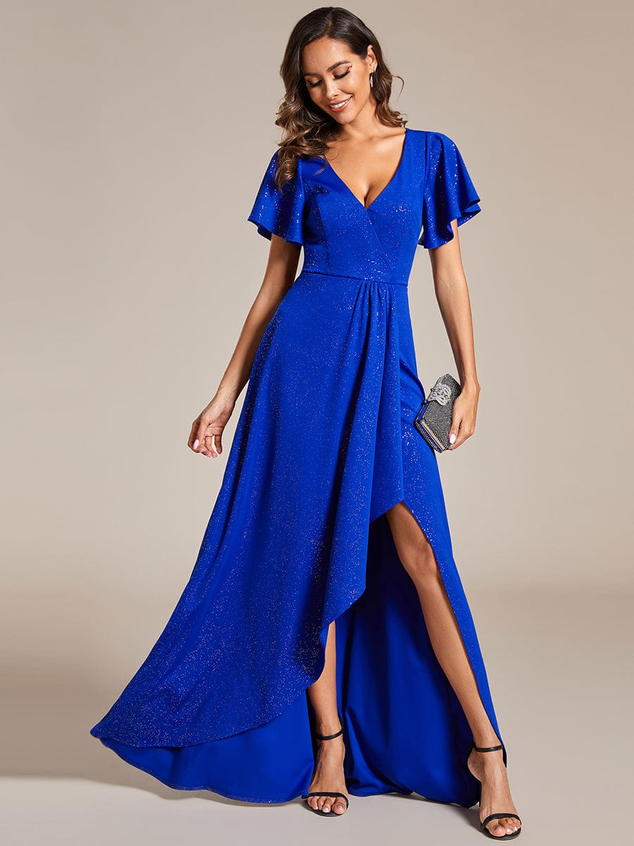 Glitter High-Low Front Side Slit Ruffled V-Neck Evening Dress #color_Sapphire Blue