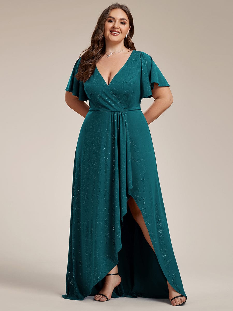 Custom Size High-Low Ruffled V-Neck Front Slit Glitter Evening Dress #color_Teal