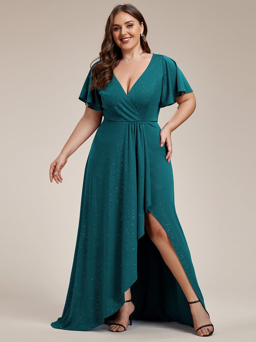 Plus Size Ruffled High-Low Front Slit Evening Dress with Glitter #color_Teal